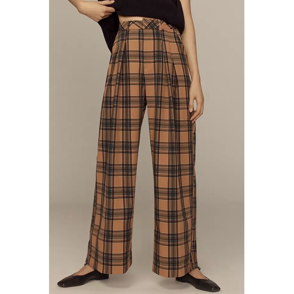 Maeve Anthropologie Avery Plaid Wide Leg Trousers Pants Pleated Peach Salmon S